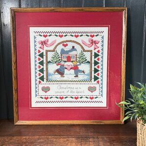 Vintage Christmas Cross Stitch Art Framed Holiday Needlepoint Wall Hanging